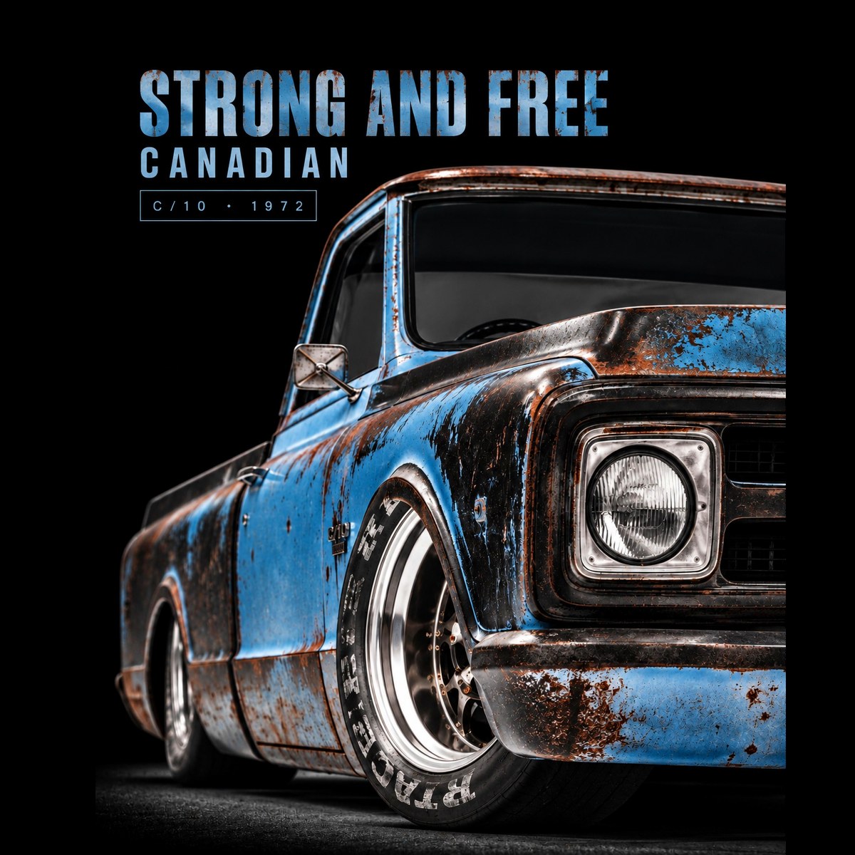 Strong N Free Canadian 1972 blue patina Chevrolet pickup truck design